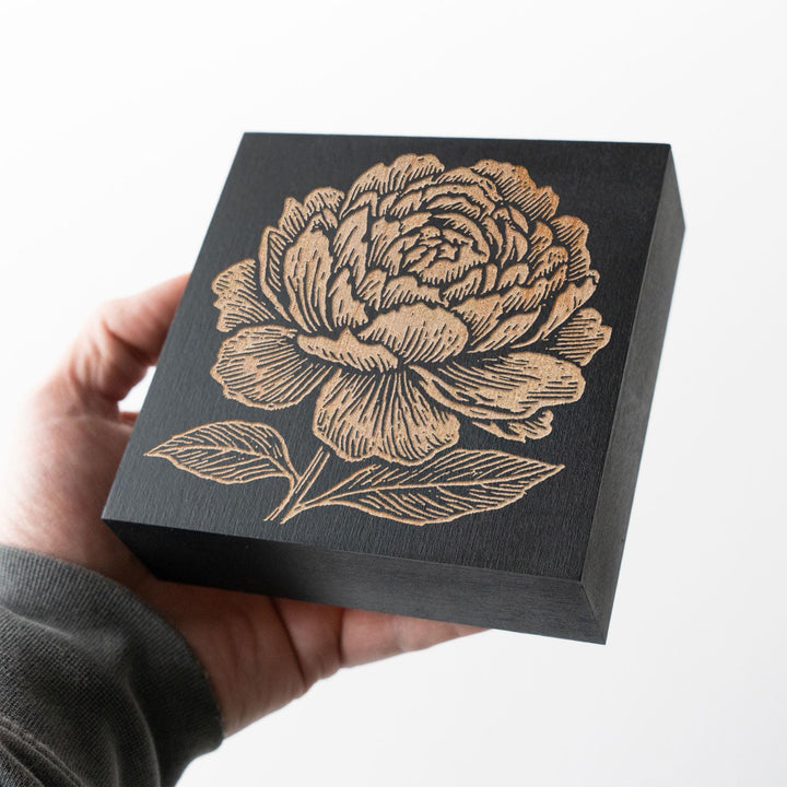 Peony Bloom Engraved Wood Panel
