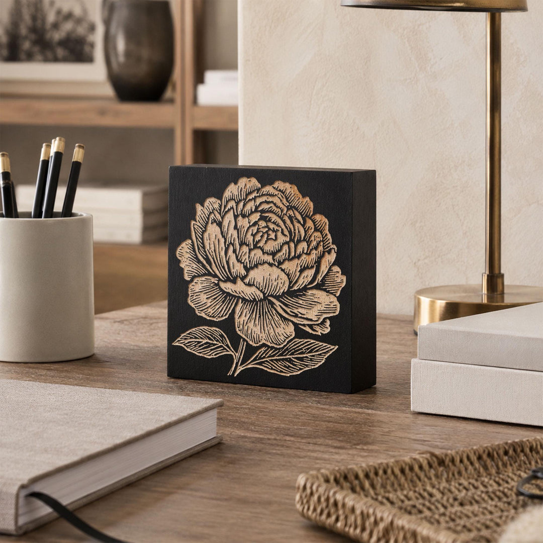 Peony Bloom Engraved Wood Panel