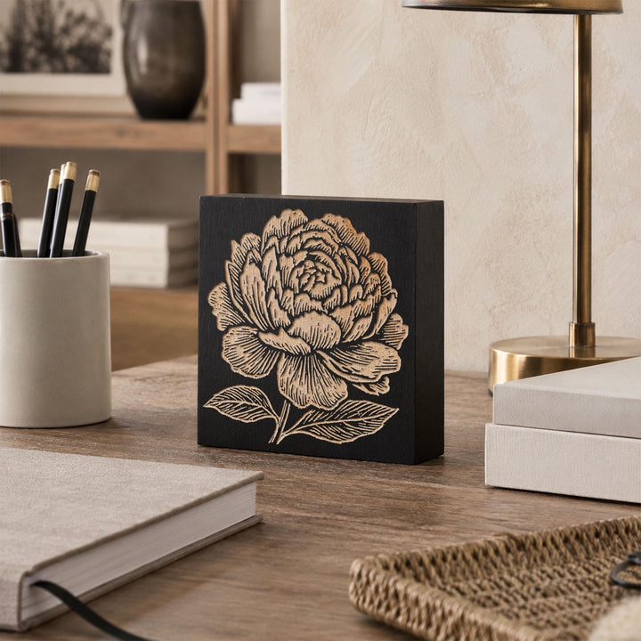 Peony Bloom Engraved Wood Panel