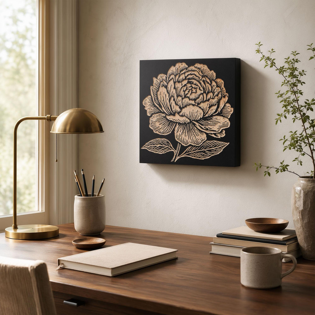 Peony Bloom Engraved Wood Panel