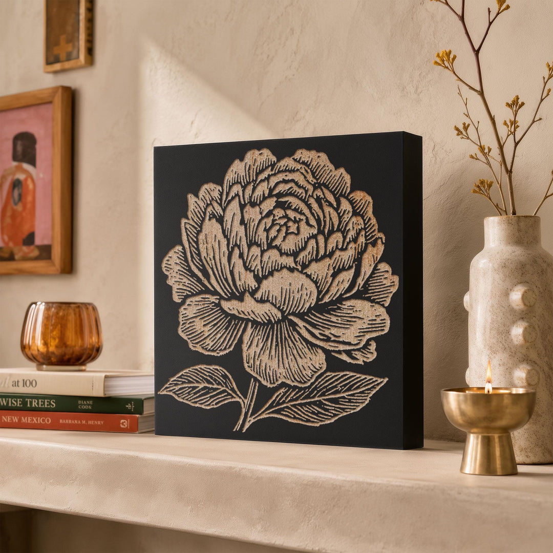 Peony Bloom Engraved Wood Panel