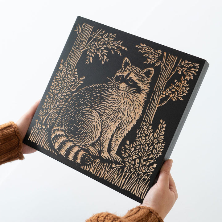 Raccoon in the Woods Engraved Wood Panel