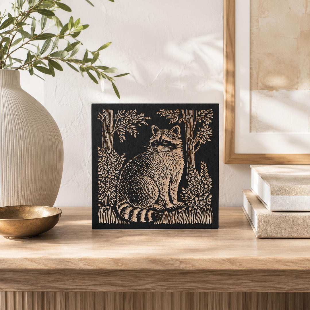 Raccoon in the Woods Engraved Wood Panel