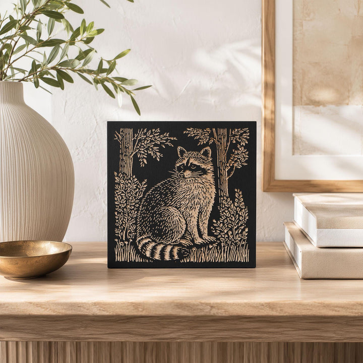 Raccoon in the Woods Engraved Wood Panel