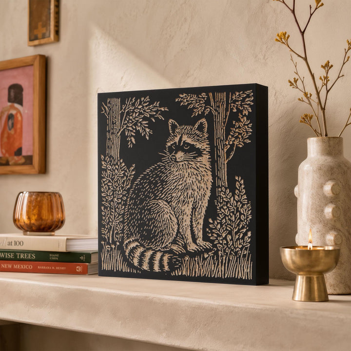 Raccoon in the Woods Engraved Wood Panel