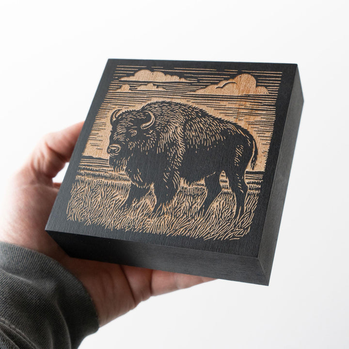 Bison on the Prairie Engraved Wood Panel
