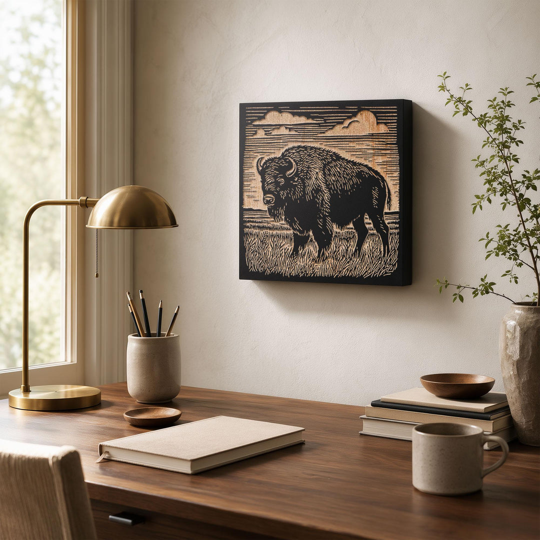 Bison on the Prairie Engraved Wood Panel