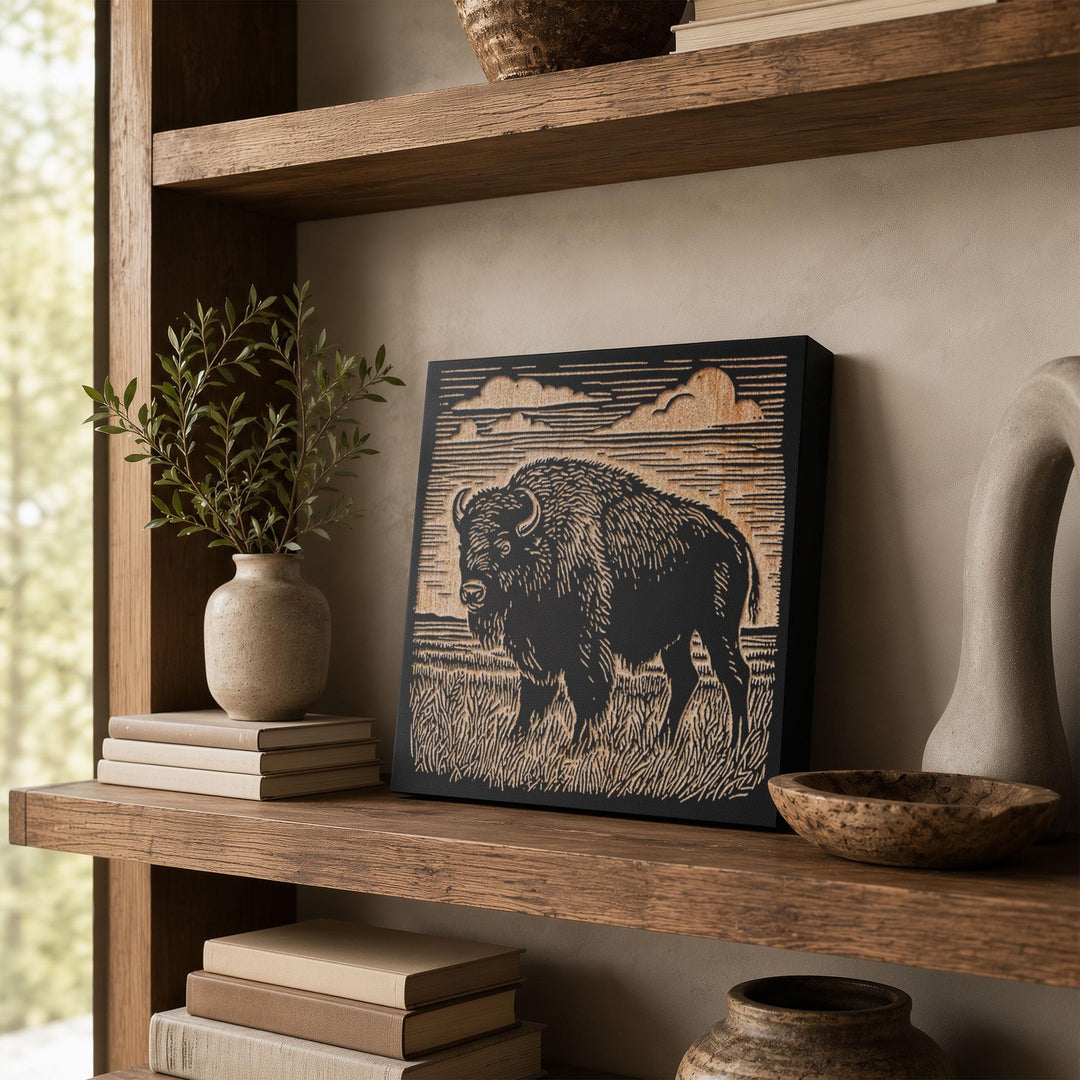 Bison on the Prairie Engraved Wood Panel