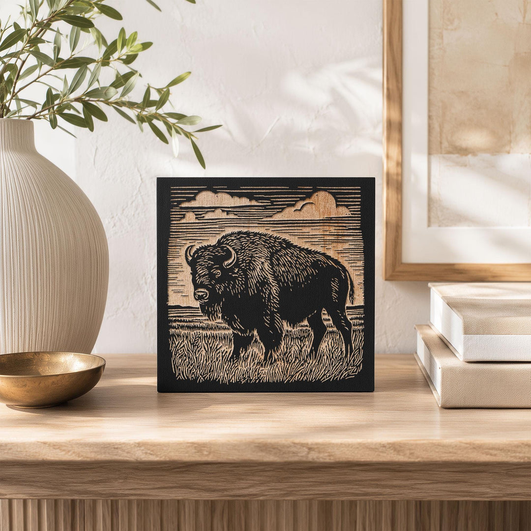 Bison on the Prairie Engraved Wood Panel