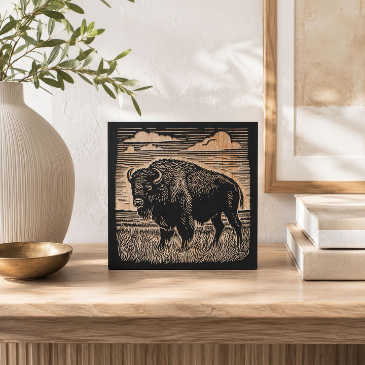 Bison on the Prairie Engraved Wood Panel