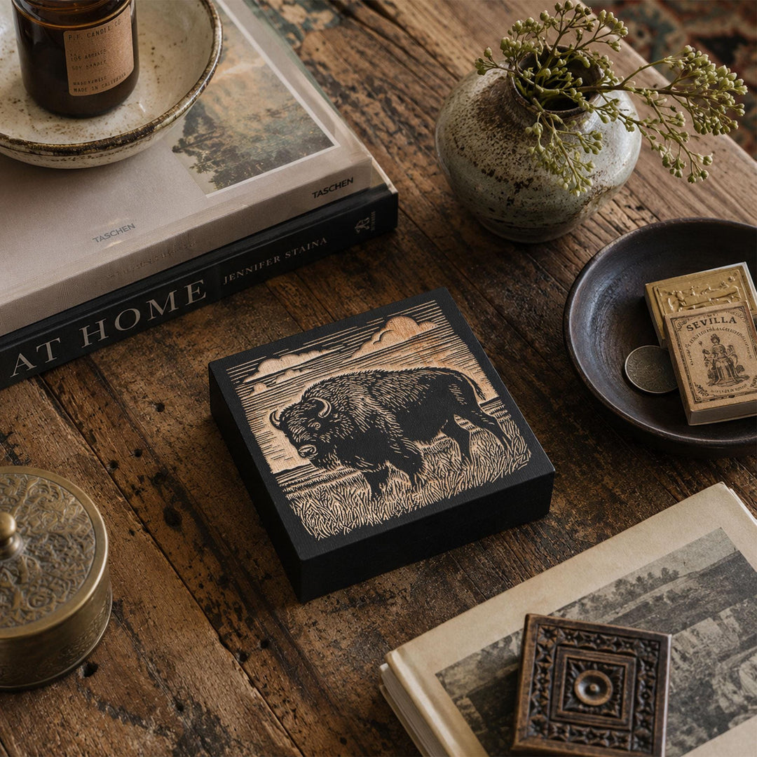 Bison on the Prairie Engraved Wood Panel