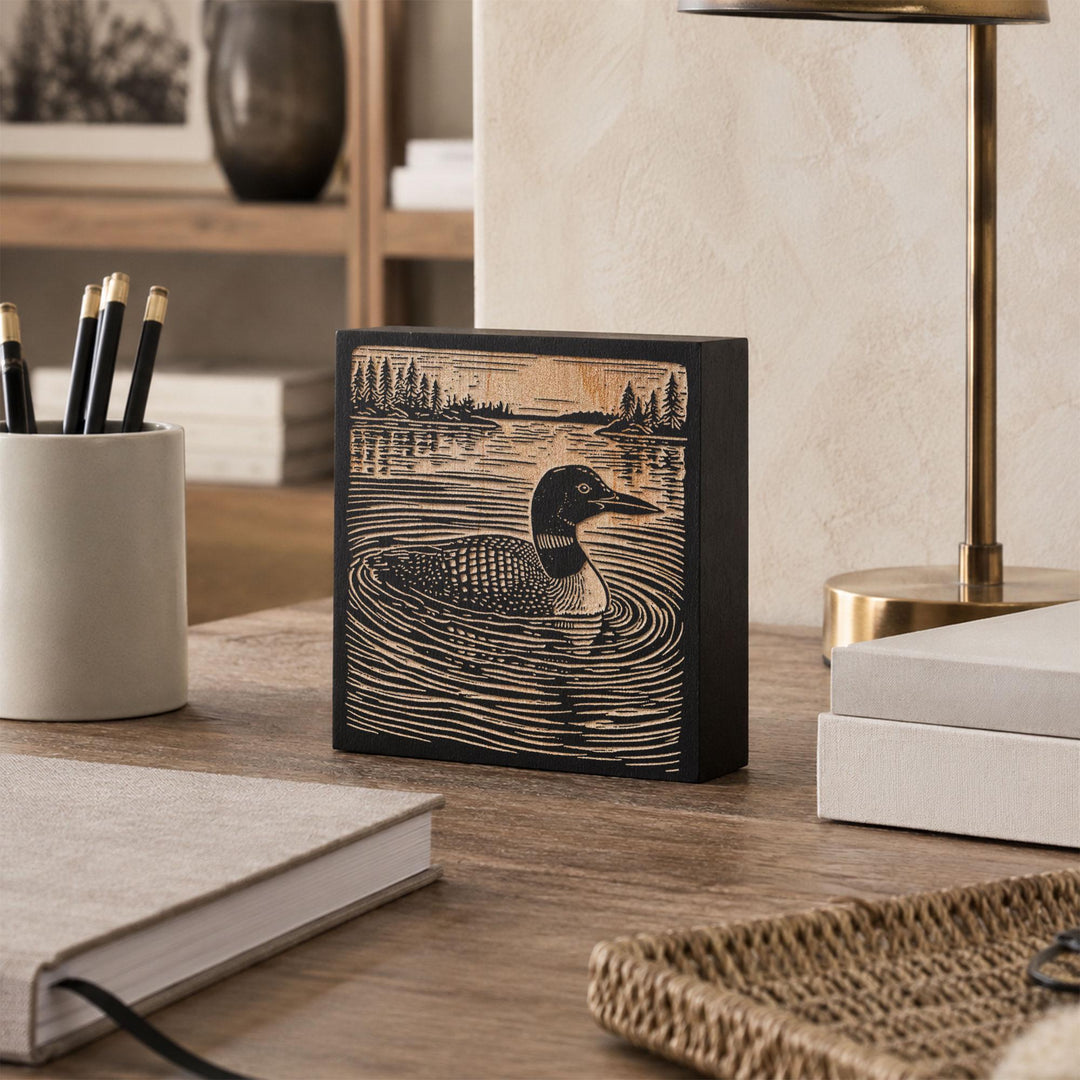 Loon on a Quiet Lake Engraved Wood Panel