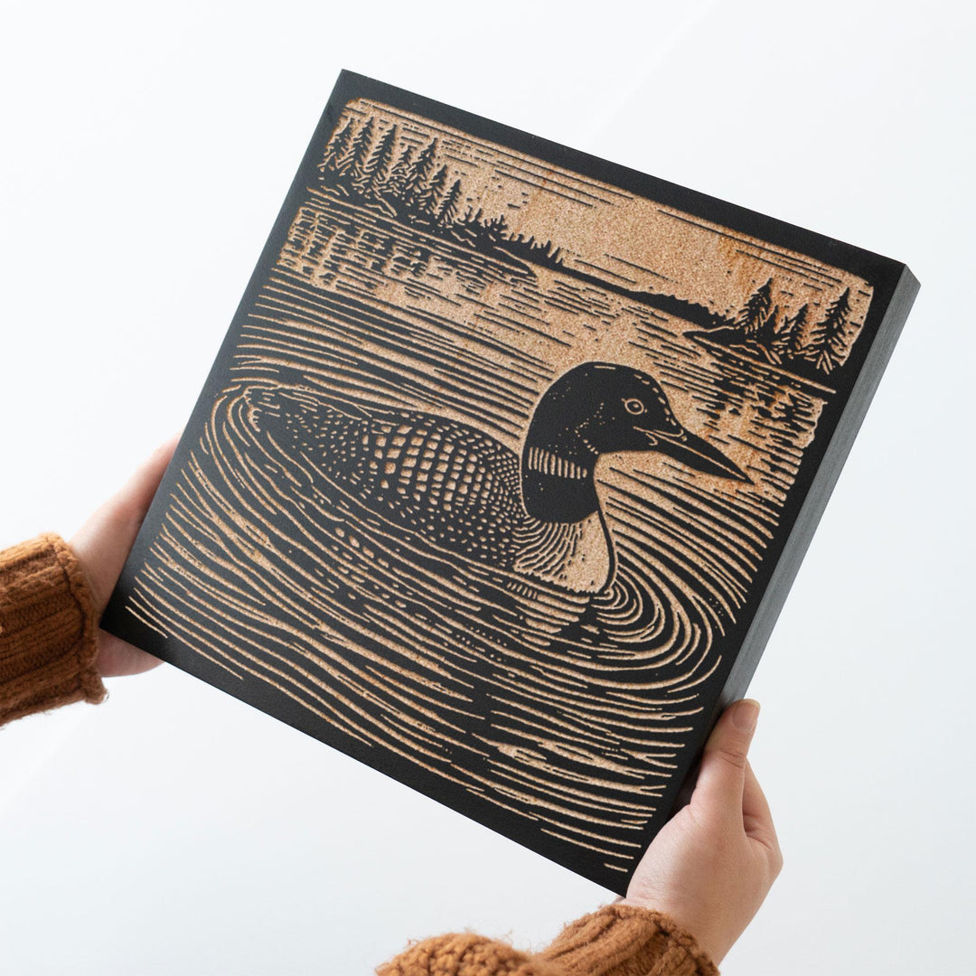Loon on a Quiet Lake Engraved Wood Panel