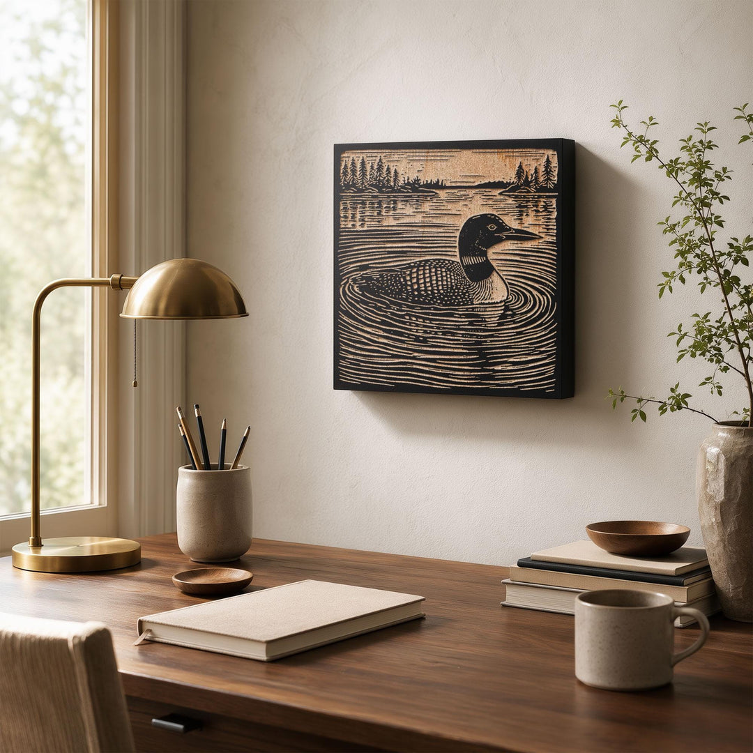 Loon on a Quiet Lake Engraved Wood Panel
