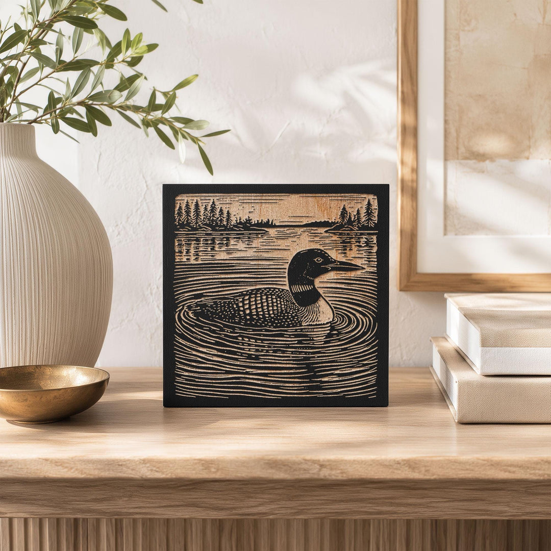 Loon on a Quiet Lake Engraved Wood Panel