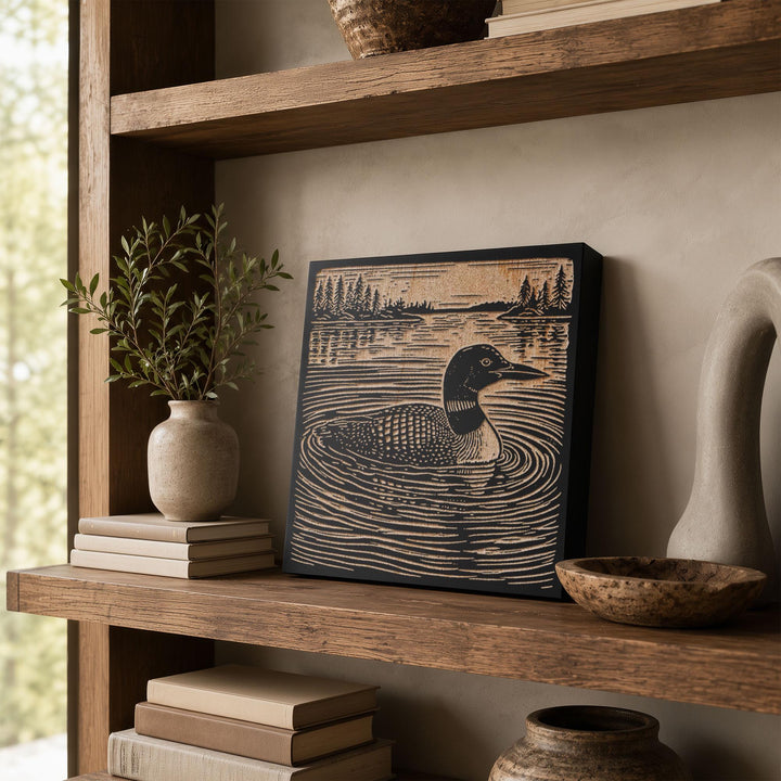 Loon on a Quiet Lake Engraved Wood Panel