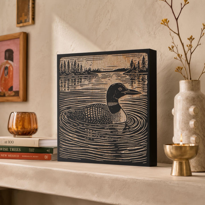 Loon on a Quiet Lake Engraved Wood Panel