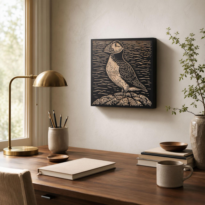 Puffin on Rugged Coast Engraved Wood Panel