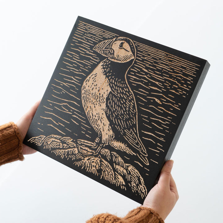 Puffin on Rugged Coast Engraved Wood Panel