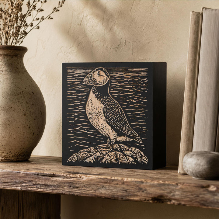 Puffin on Rugged Coast Engraved Wood Panel