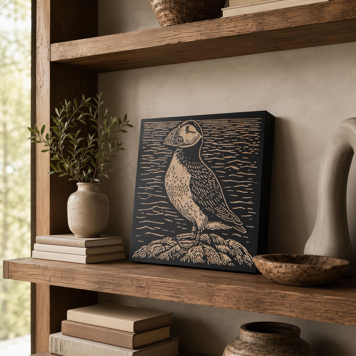Puffin on Rugged Coast Engraved Wood Panel