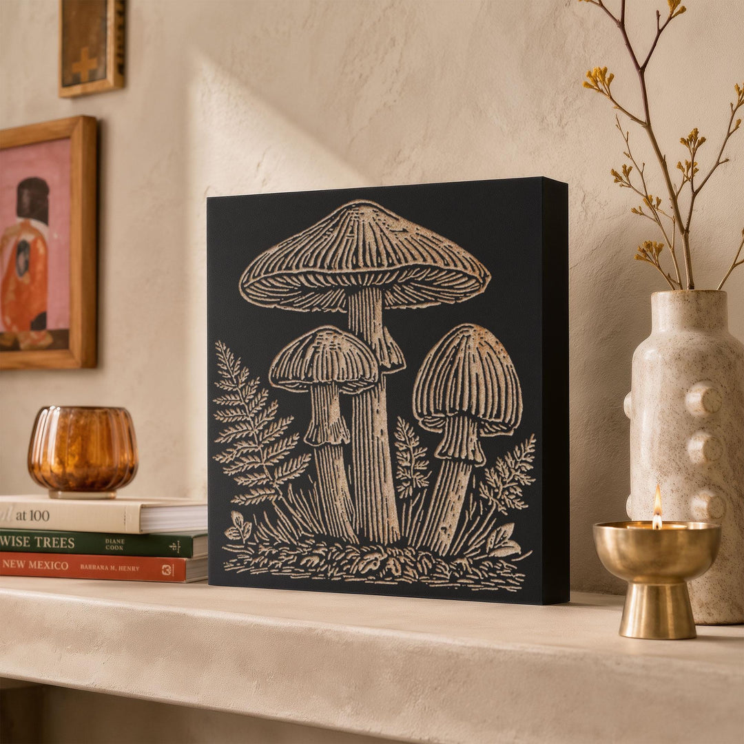 Wild Mushrooms Engraved Wood Panel