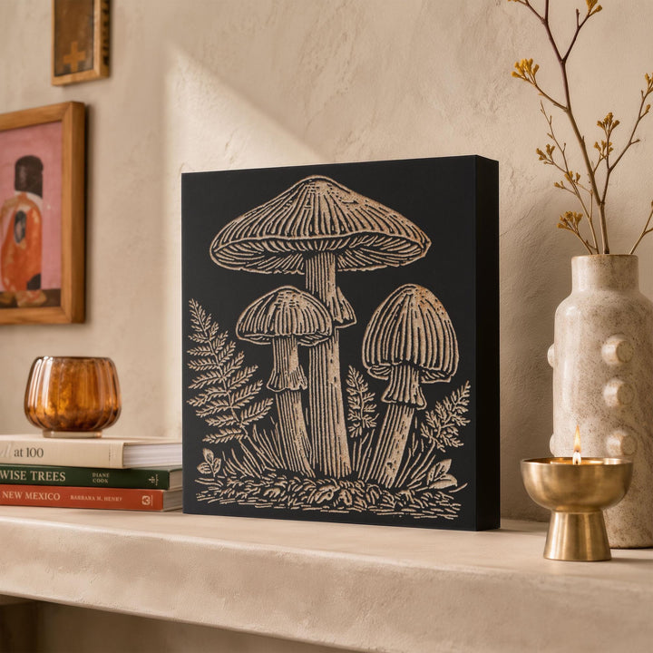 Wild Mushrooms Engraved Wood Panel