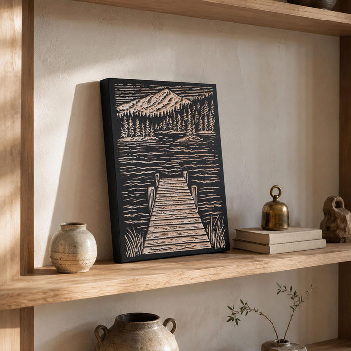 Wooden Dock at Lake Engraved Wood Panel