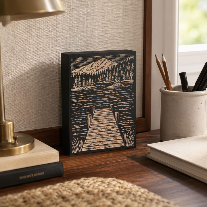 Wooden Dock at Lake Engraved Wood Panel