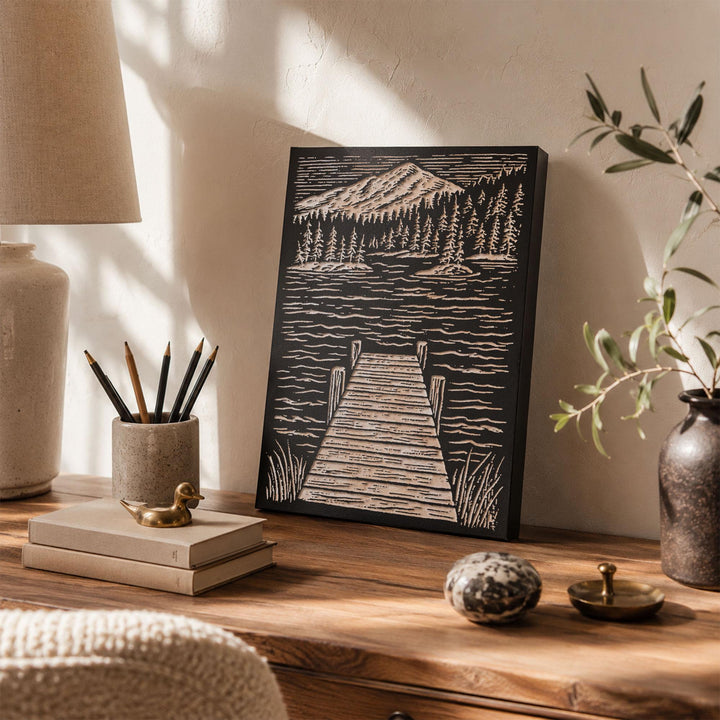 Wooden Dock at Lake Engraved Wood Panel