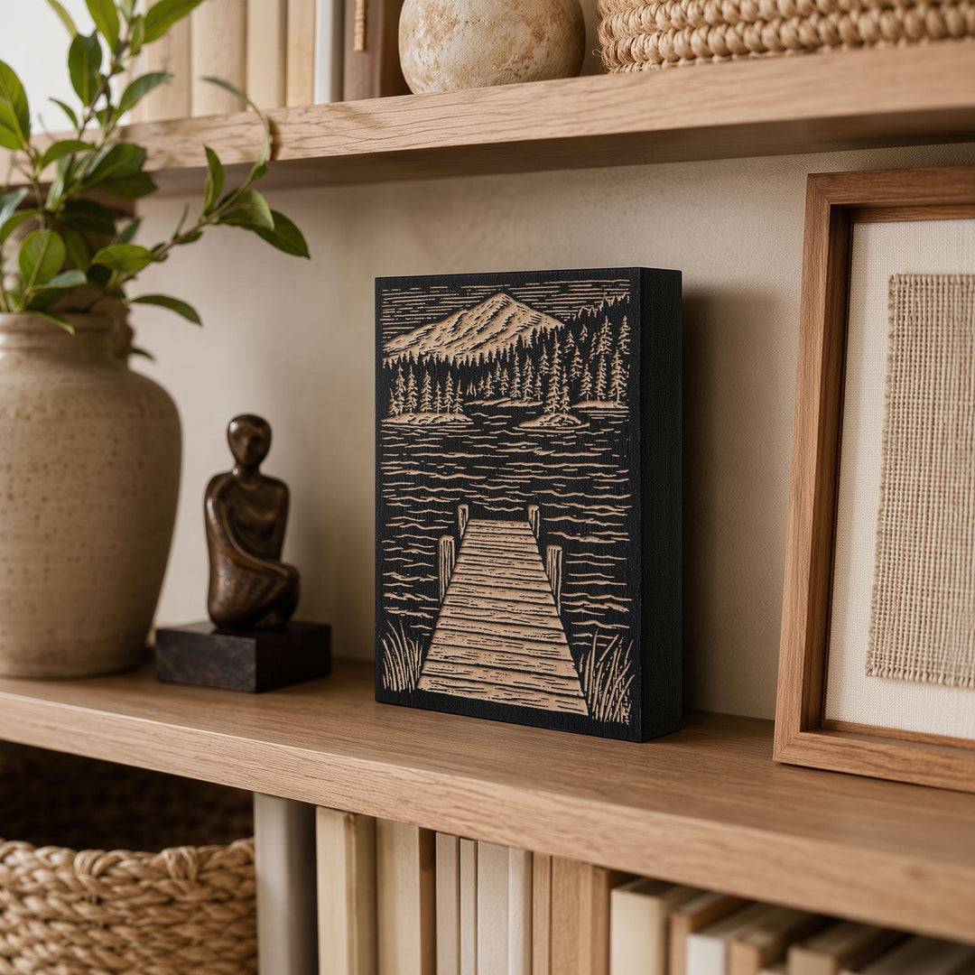 Wooden Dock at Lake Engraved Wood Panel