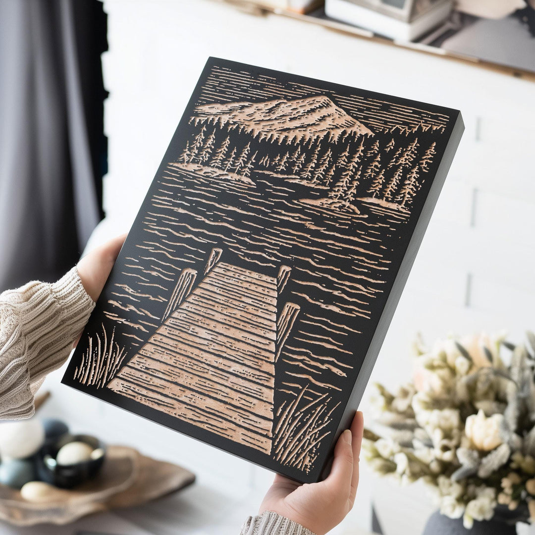 Wooden Dock at Lake Engraved Wood Panel