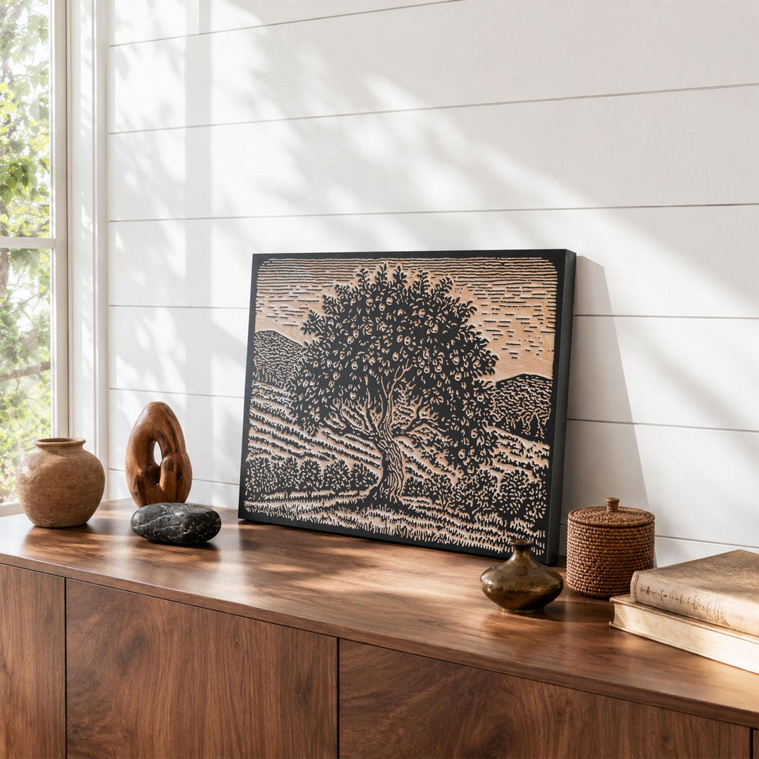 Apple Tree in Orchard Engraved Wood Panel