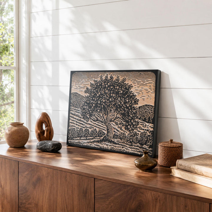 Apple Tree in Orchard Engraved Wood Panel