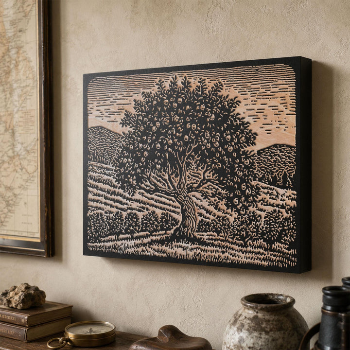 Apple Tree in Orchard Engraved Wood Panel
