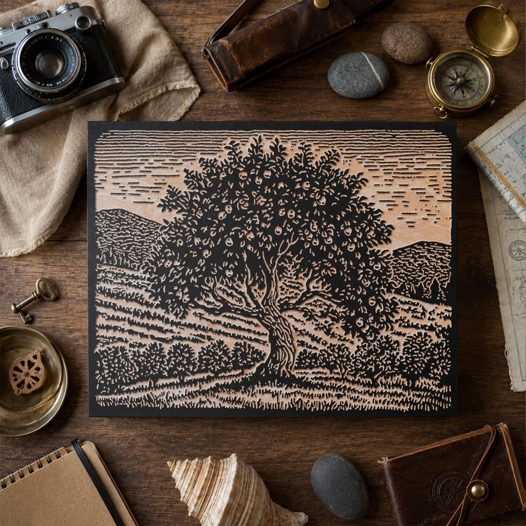 Apple Tree in Orchard Engraved Wood Panel
