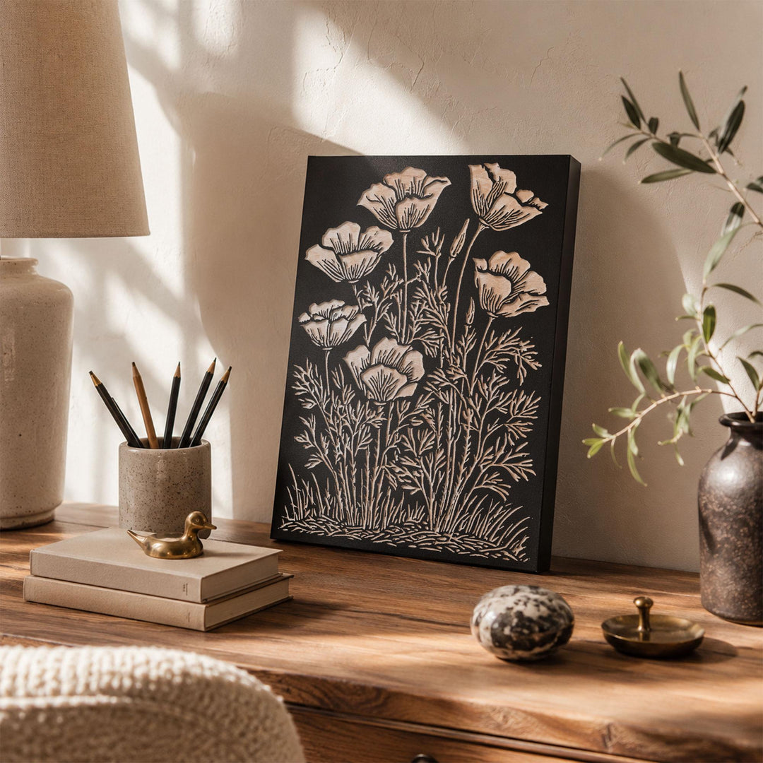 California Poppies Engraved Wood Panel