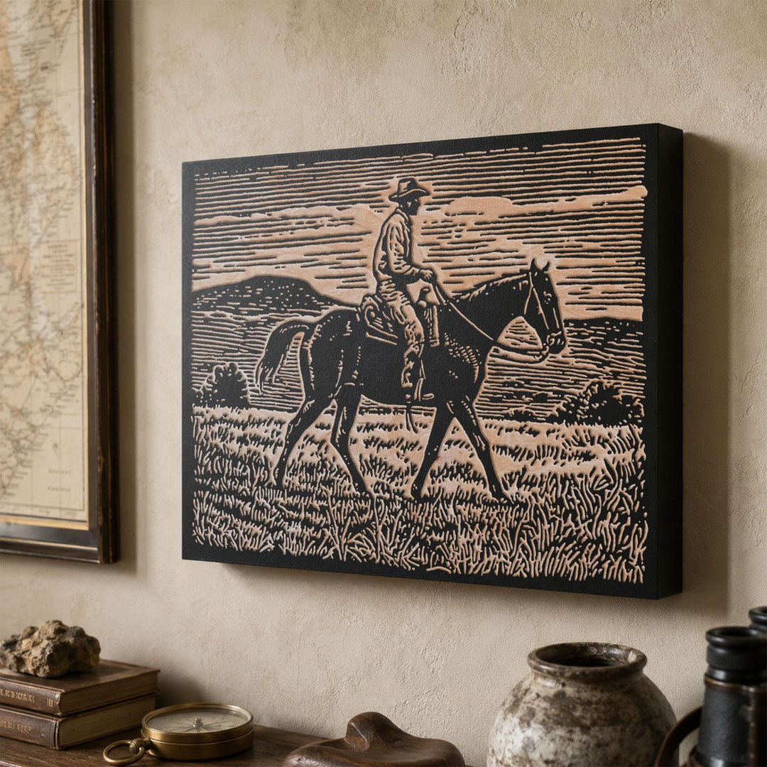 Cowboy on Horseback Engraved Wood Panel