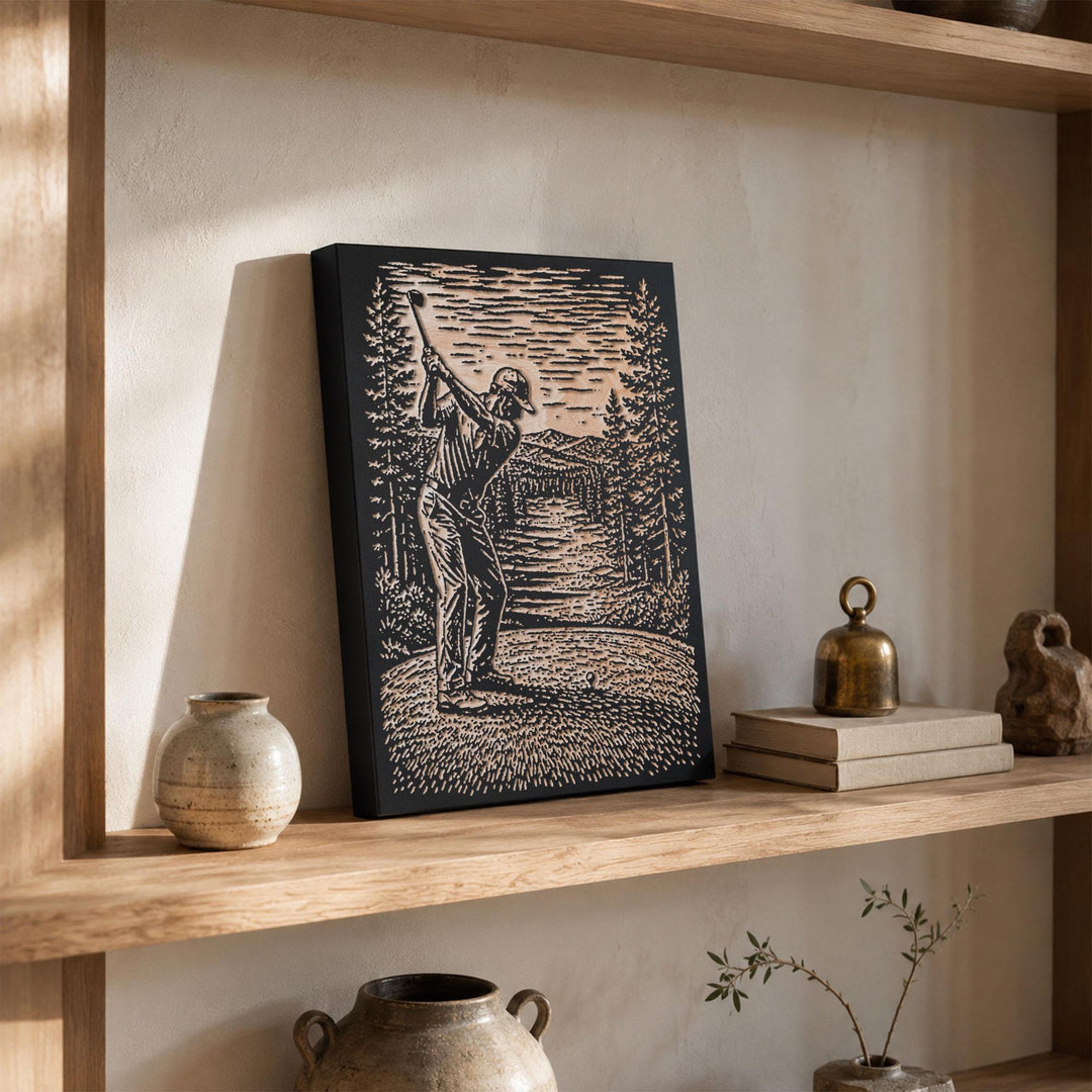 Golfer on Pine-Framed Course Engraved Wood Panel