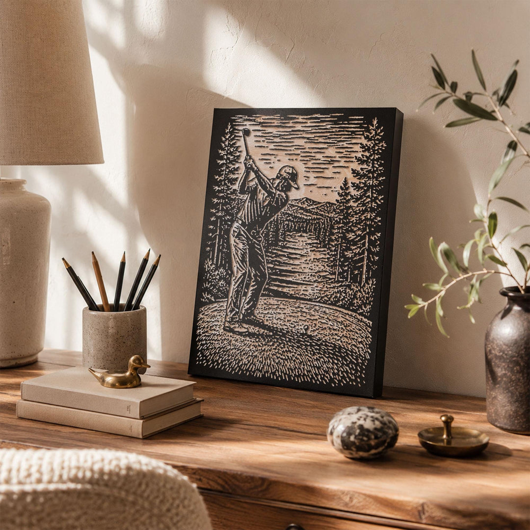 Golfer on Pine-Framed Course Engraved Wood Panel