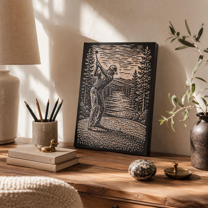 Golfer on Pine-Framed Course Engraved Wood Panel