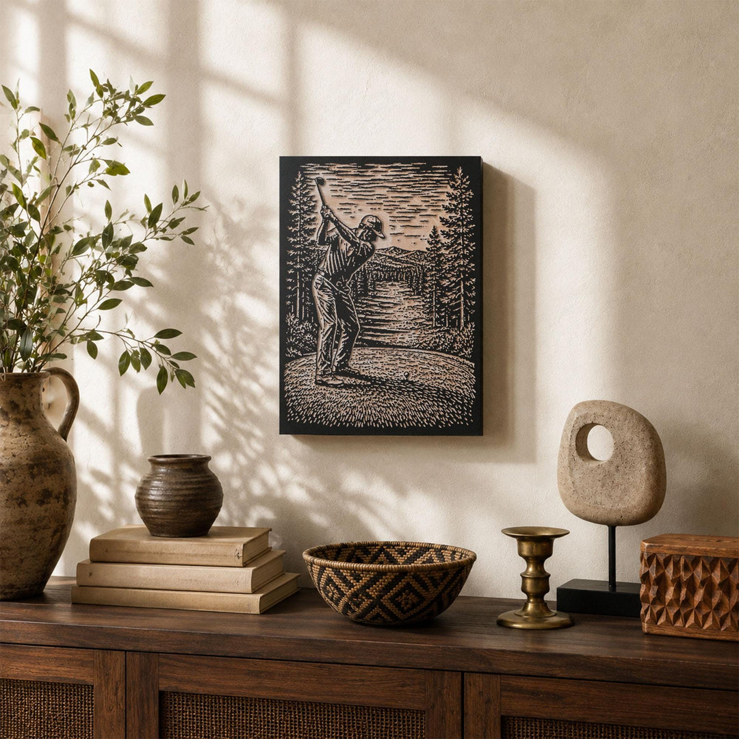 Golfer on Pine-Framed Course Engraved Wood Panel