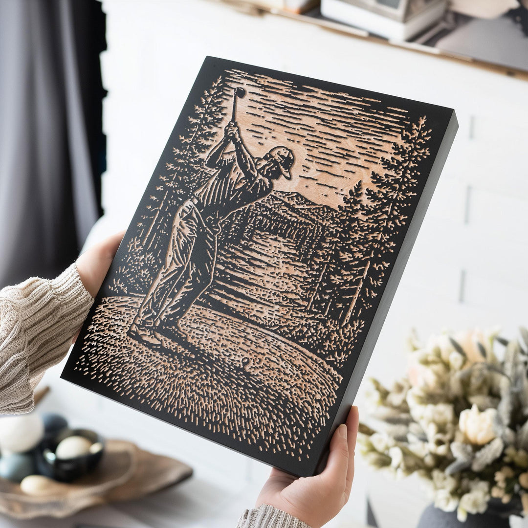 Golfer on Pine-Framed Course Engraved Wood Panel