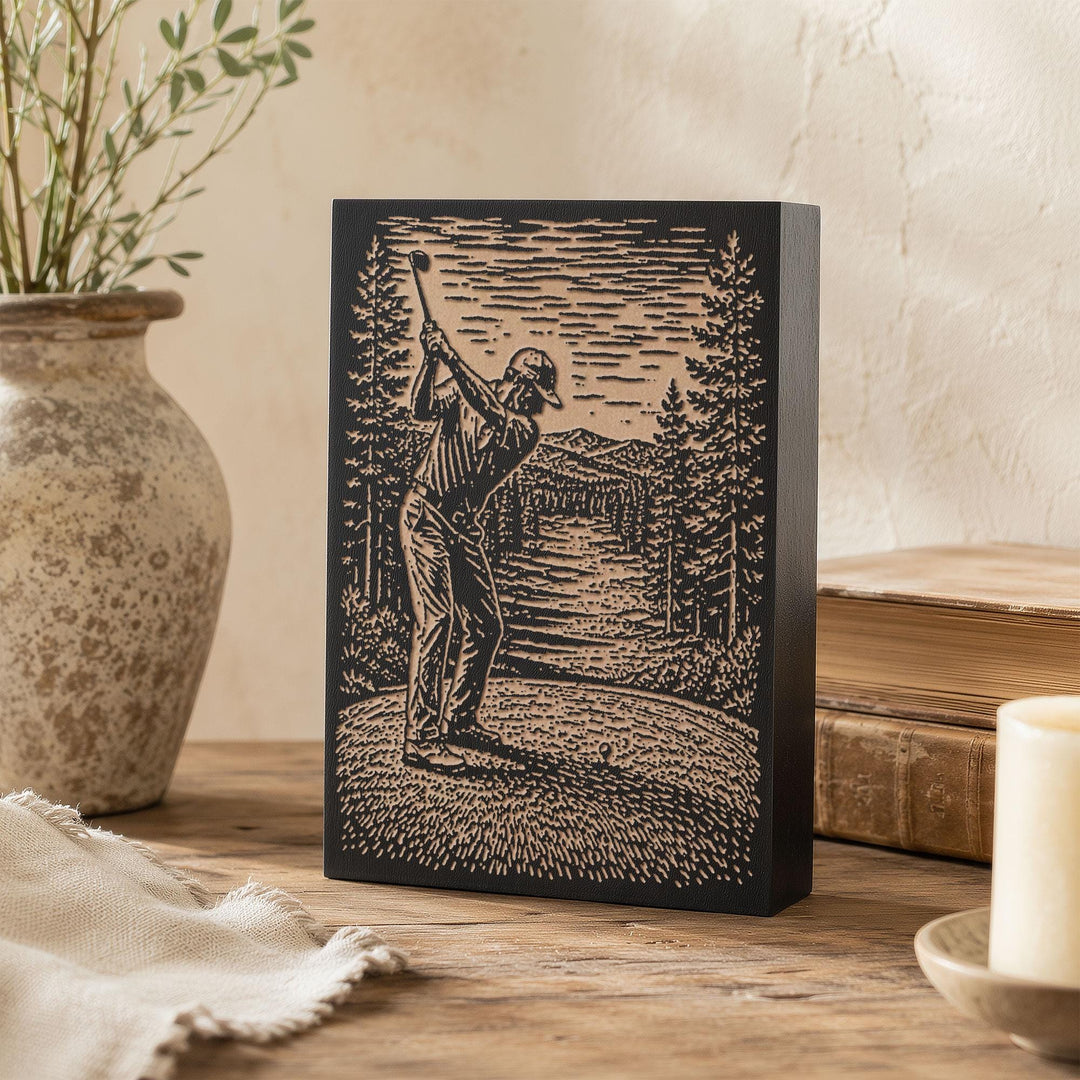 Golfer on Pine-Framed Course Engraved Wood Panel