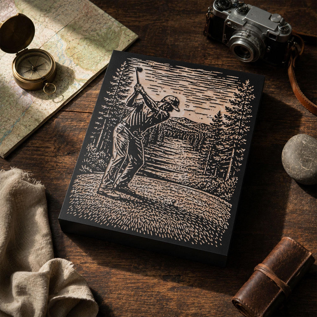 Golfer on Pine-Framed Course Engraved Wood Panel