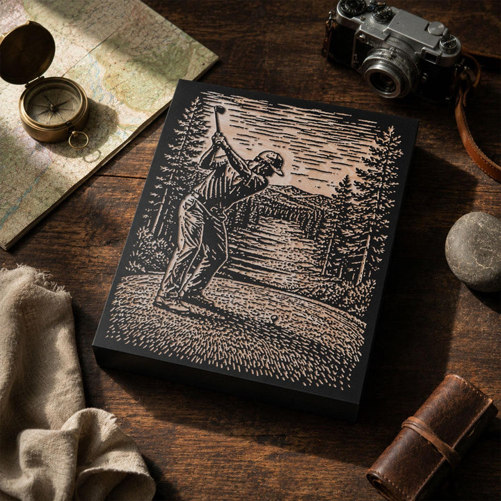 Golfer on Pine-Framed Course Engraved Wood Panel