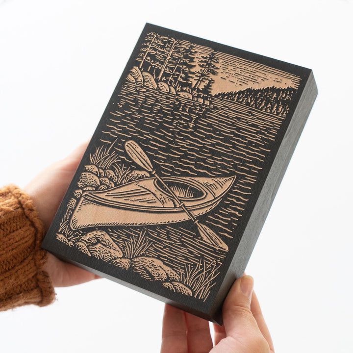 Kayak on Shoreline Engraved Wood Panel