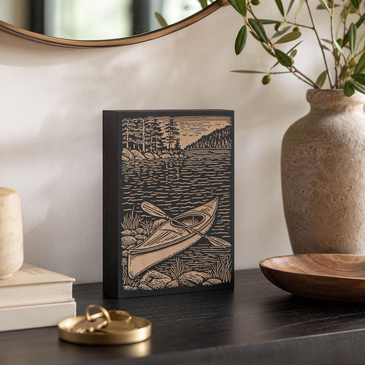 Kayak on Shoreline Engraved Wood Panel