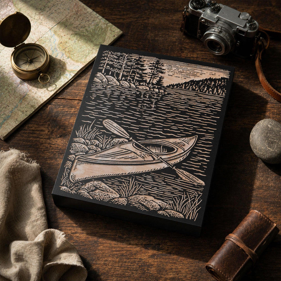 Kayak on Shoreline Engraved Wood Panel