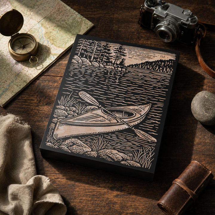 Kayak on Shoreline Engraved Wood Panel